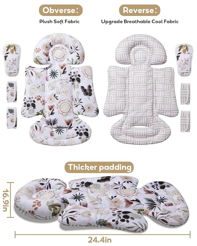 Infant Insert, Enlarged Head Support for Baby, Reversible Newborn Insert with 3 Strap Covers, 2-in-1 Baby Cushion for Stroller, Swing, Bouncer, Rocker - Yellow Cat