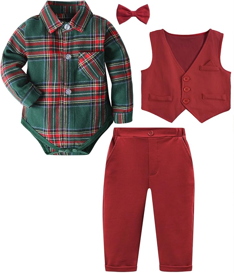A&J DESIGN Baby Boy Suits Clothes Infant Toddler Formal Gentleman Outfits, Dress Shirt + Vest + Bow Tie + Pants Wedding Set