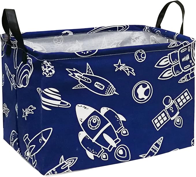 Rectangle Kids Gift Storage Basket Shelf Storage Basket Organizer Box Clothes Laundry Hamper Toys Nursery Basket Baby Laundry Basket with Handles (REC-Navy Spacecraft)