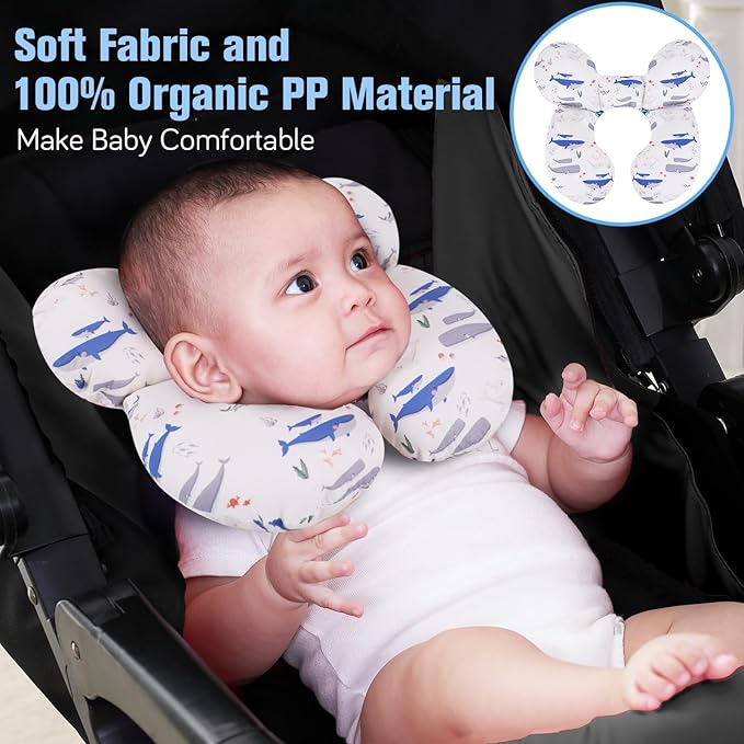 KAKIBLIN Baby Travel Pillow,Upgraded Baby Neck Pillows for Car Seat,Support Pillow,Infant Pillows for Head and Neck,Newborn Head Support for Car Seat,Pushchair (Whale)