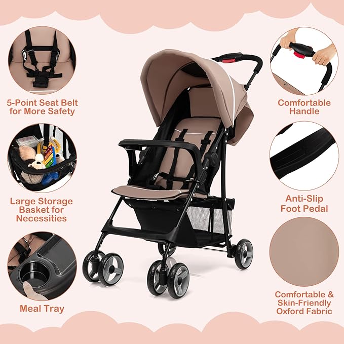 HONEY JOY Travel Stroller, Quick Fold Lightweight Baby Umbrella Stroller for Airplane, Adjustable Canopy & Backrest, Storage Basket, Removable Meal Tray, Compact Stroller Newborn and Toddler(Coffee)