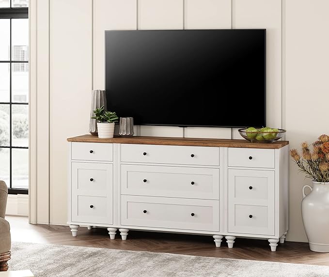 WAMPAT Dresser for Bedroom with 5 Drawers and 2 Storage Cabinet, Nightstands with Charging Station for Living Room, Mid Century Modern Kids Dressers with Wide Chest of Drawers for Nursery, White/Oak