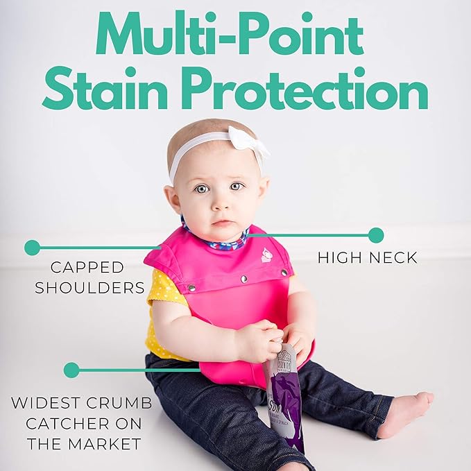 Freddie Bib - 2-in-1 Waterproof Baby Bib with Silicone Crumb Catcher, Full Coverage High Neck & Shoulder Protection, Portable Roll-Up Design, for Infants & Toddlers 4+months