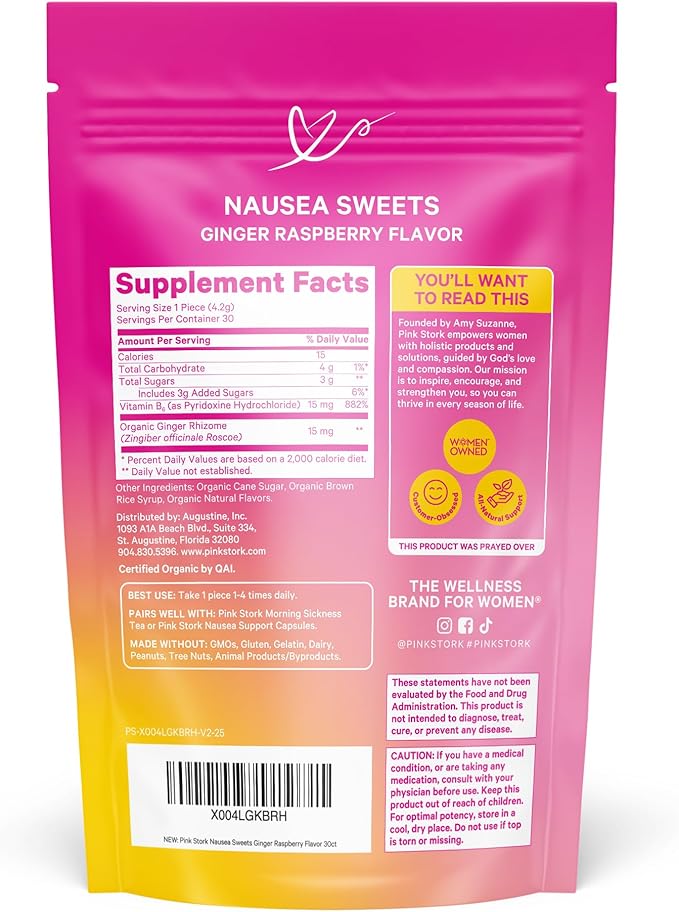 Pink Stork Organic Ginger Raspberry Sweets with Vitamin B6 for Morning Sickness and Motion Sickness, Added Ginger & Vitamin B6, 1st Trimester Pregnancy Must Haves - 30 Wrapped Candies