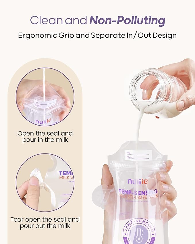 Nuliie 60pcs Temp-Sensing Breastmilk Storage Bag, Huge Temp-Sensing Icon & Locking Clamp, 6oz Breast Milk Storage Bags Freezer Pour Spout, Self Standing Milk Storage Bags Breastmilk, BPA-Free No-Leak