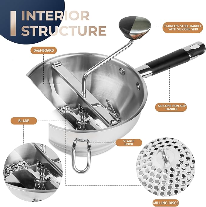 Food Mill Stainless Steel With 3 Grinding Discs and Complete Canning Supplies Starter Kit of 8-Includes Tongs, Jar Lifter, Wrench, Lid Lifter, measurer,Funnel,Labels,Multifunctional Spoon(GJ-OG-GR)