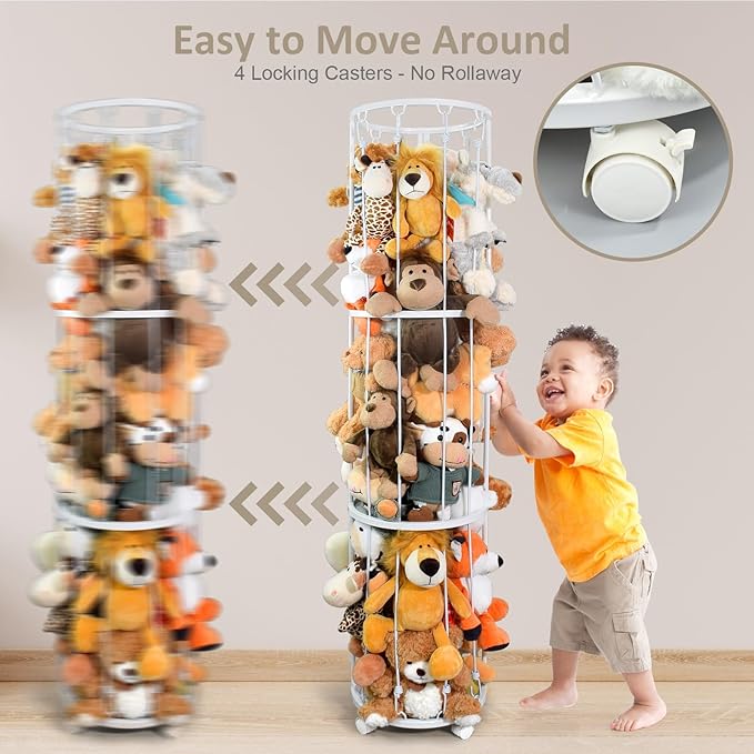 Stuffed Animal Storage Zoo Plushies Toy Storage Organizer, Metal Tube Stuffed Animal Holder with Brake Wheels, Space Saving Plush Toy Holder for Playroom Bedroom Nursery (White)
