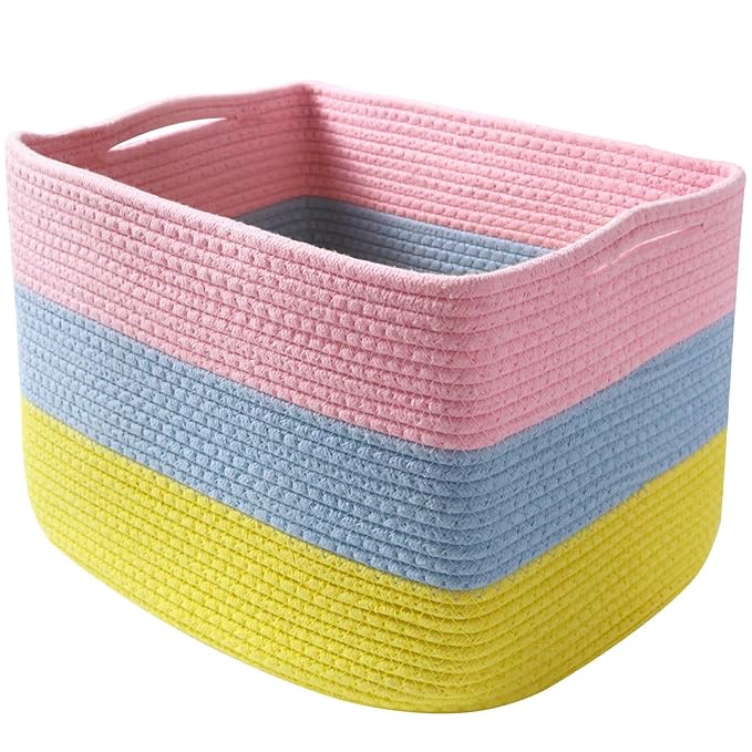 Hopegiver Storage Baskets for Organizing with Handle, Woven Baskets for Shelves - Durable Gift Basket for Cloth Toys Books Baby, Cotton Rope Basket for Dog Cat, 15x11x10 Inch(Pink&Blue&Yellow)