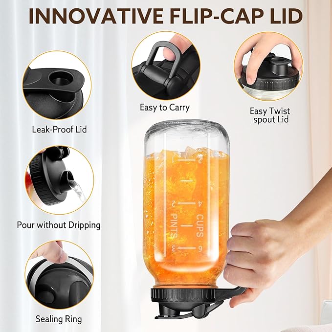 Glass Pitcher with Lid, 64 OZ Mason Jar Pitcher Double Leak Proof, 2 Quart Breast Milk Storage Containers for Fridge, Wide Mouth Glass Jar for Sun Tea, Juice, Cold Brew Coffee