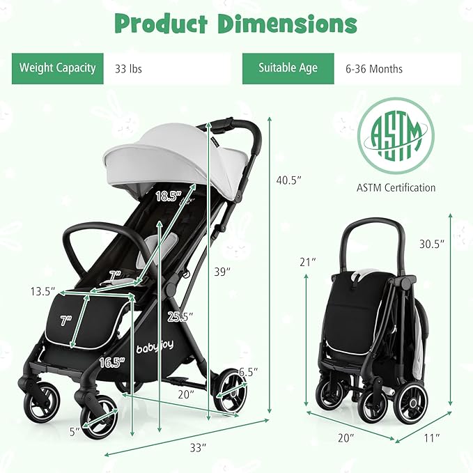 BABY JOY Lightweight Baby Stroller, Compact Travel Stroller for Airplane, Infant Toddler Stroller w/Adjustable Backrest & Canopy, Storage Basket, Self Standing Gravity Fold, Aluminium Frame (Gray)