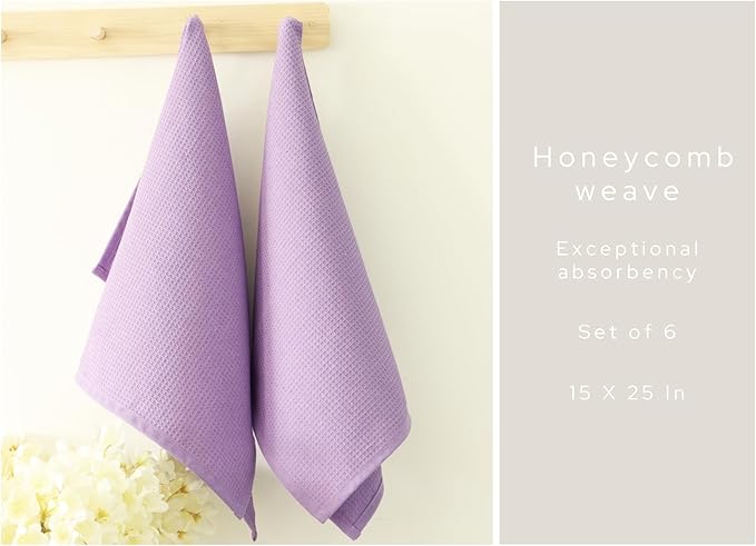 PurpleEssences Waffle Weave Kitchen Towel, 100% Cotton - 15 x 25 Inches, with Hanging Loop Ultra Soft Absorbent Quick Drying Dish Cloth, Tea and Hand Towels, 6 Pack - Fall Thanksgiving - Lavender