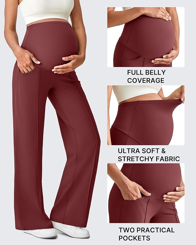 G4Free Maternity Dress Yoga Pants with Pockets Over The Belly Stretchy Work Slack Pregnancy Wide Leg Lounge Trousers