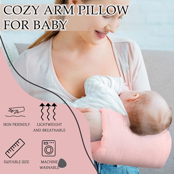 Baby Feeding Arm Pillow Breastfeeding Bottle Nursing Cozy Cradle Pillow for Newborn Soft Double Sided Muslin Cotton Head Support Comfortable Feeding for Mom(Pink,Simple)