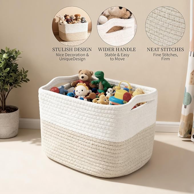 Hopegiver 3 Pack Storage Baskets for Organizing with Handle, Woven Baskets for Shelves - Durable Gift Basket for Cloth Toys Books Baby, Cotton Rope Basket for Dog Cat, 11x8x7 Inch(White&Khaki)