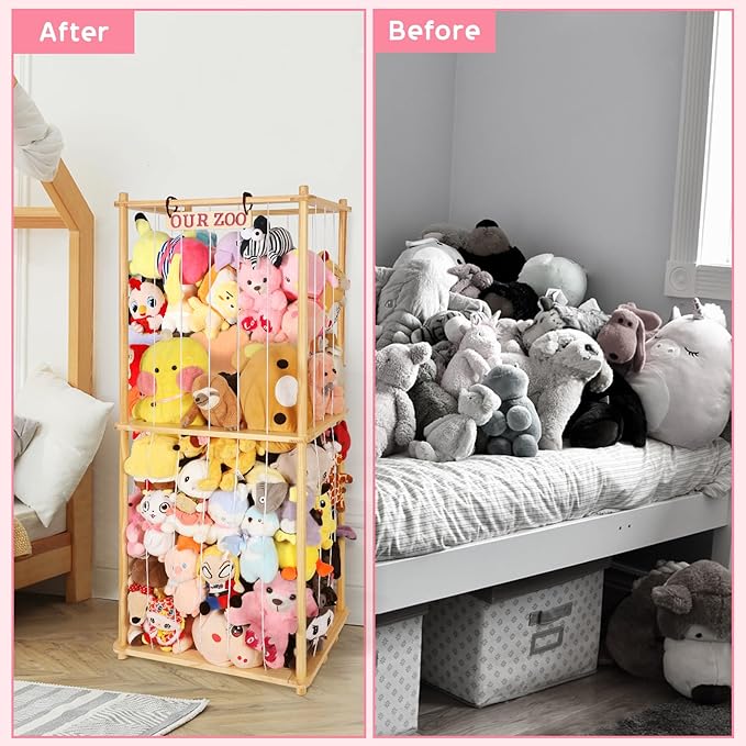 Extra Large Stuffed Animal Storage for Corner Organizer,Premium Wooden Material with Elastic Cord Hold Up to 250 Plush Toys,Stuffed Zoo Animal Holder and Collection for Playroom-Birthday
