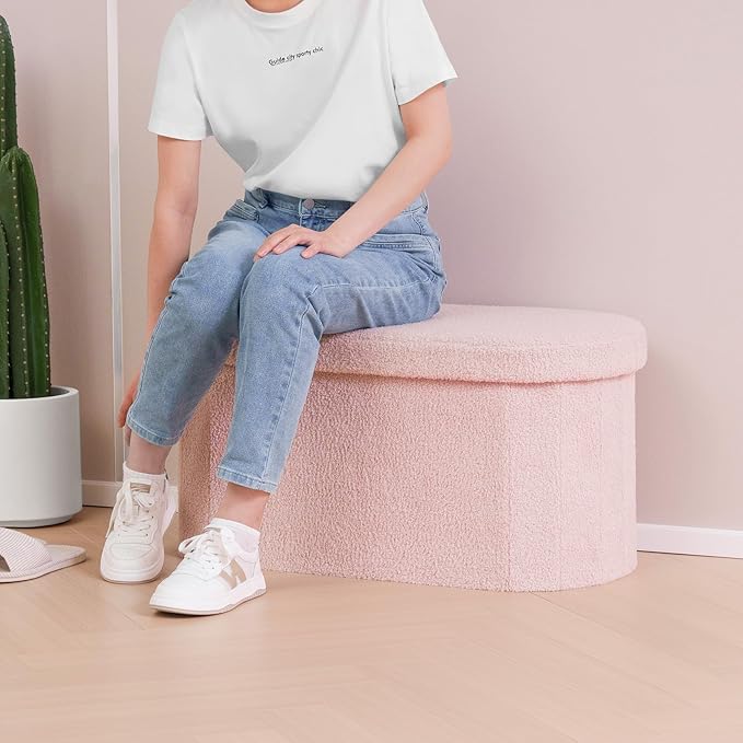 B FSOBEIIALEO Ottoman with Storage for Living Room, Sherpa Folding Storage Ottoman Foot Rest, 30 Inches Collapsible Bedroom Bench Pink