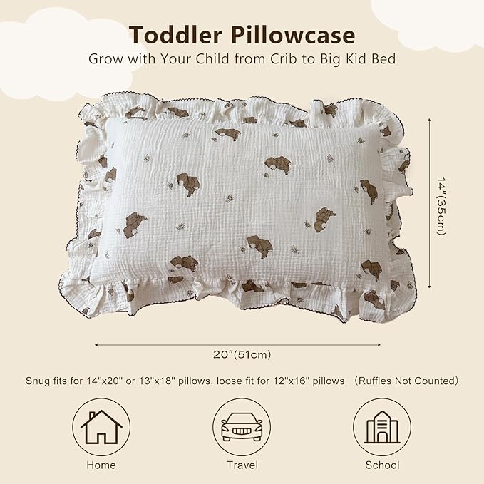 BuLuTu Cartoon Bear Muslin Pillowcase for Boys Girls Cute Animal Print Toddler Pillow Cases Soft Breathable Cotton Crib Cradle Pillow Cover for Kids Nursery Bedding,1 Piece, 14"x20"