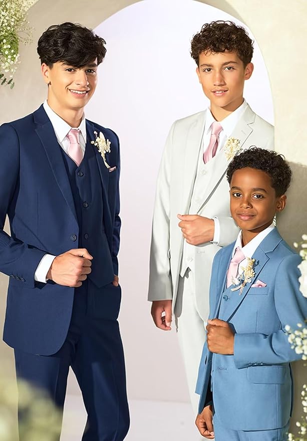 Boys Suit 4 Piece Slim Fit Kids Tuxedo Suit Formal Wedding Outfit Blazer Vest Pants Set with Tie