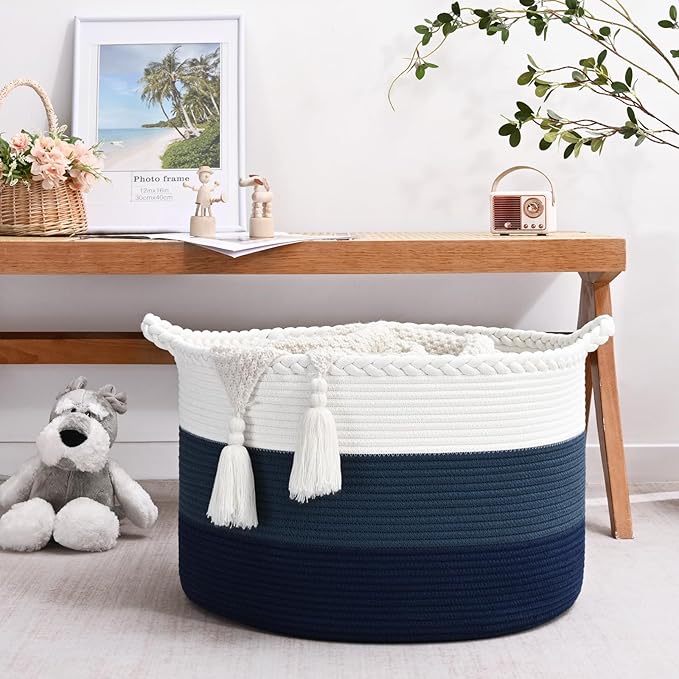 67L Storage Basket for Organizing, 20"×13" Large Laundry Baskets, Cotton Rope Woven Blanket Basket, Toy Storage for Kids, Collapsible Blankets Storage for Living Room, Nursery Room