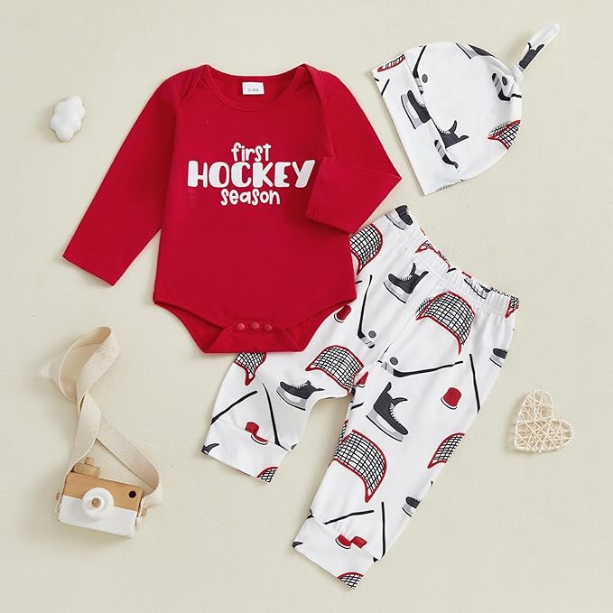 Baby Boy Hockey Outfit New Player in Town Long Sleeve Romper Long Pants Hat Set 3Pcs Newborn Fall Winter Clothes