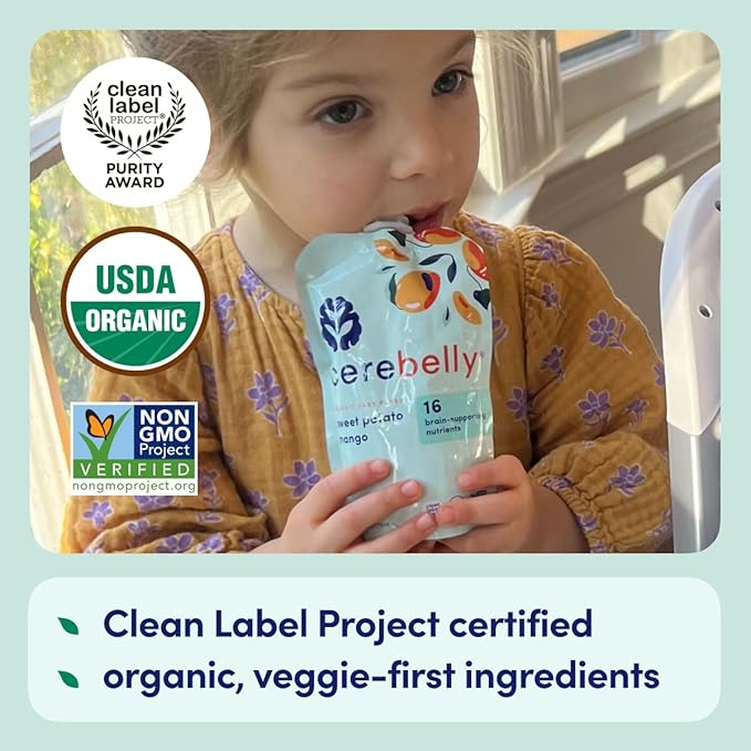 Cerebelly Organic Baby Food Pouches, Sweet Potato Mango Purees, 16 Nutrients, No Added Sugar, Fiber & Non-GMO, 4oz, 12 Pack