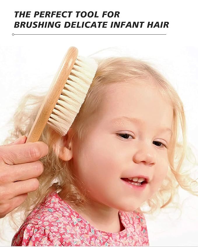 Baby Hair Brush, 2 Pcs Baby Hair Brush with Wooden Handle, Natural Soft Goat Bristles Cradle Cap Brush for Newborns & Toddlers