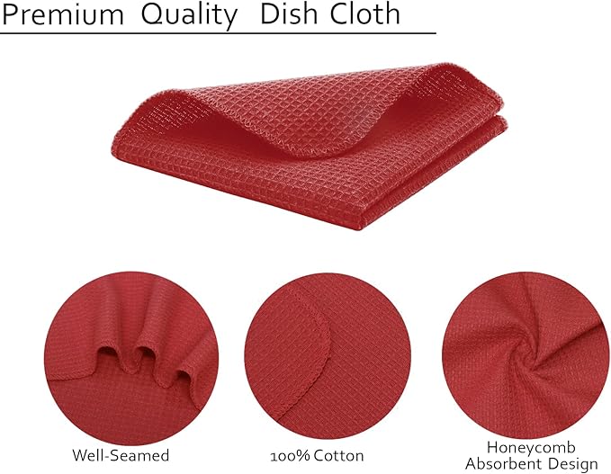 PurpleEssences Dish Cloths and Dish Rags - 8 Pack Waffle Weave Solid Kitchen Dish Wash Cloths, 100% Cotton, 12 x 12 Inches, Ultra Soft Absorbent Quick Drying Fall Thanksgiving - Red