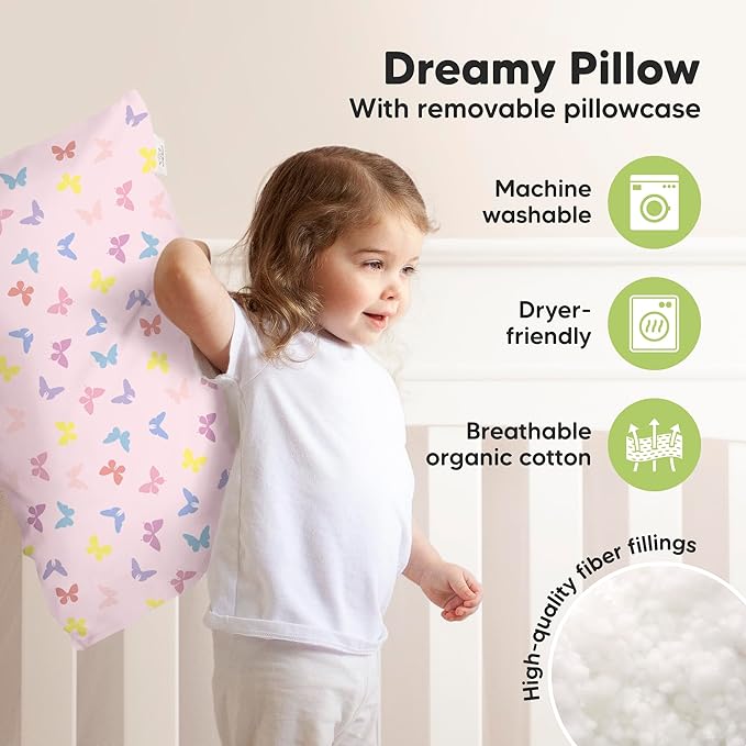 KeaBabies Toddler Pillow with Pillowcase, Jumbo 14X20 - Soft Organic Cotton Toddler Pillows for Sleeping - Machine Washable - Perfect for Travel, Toddler Bed Set (Flutter)
