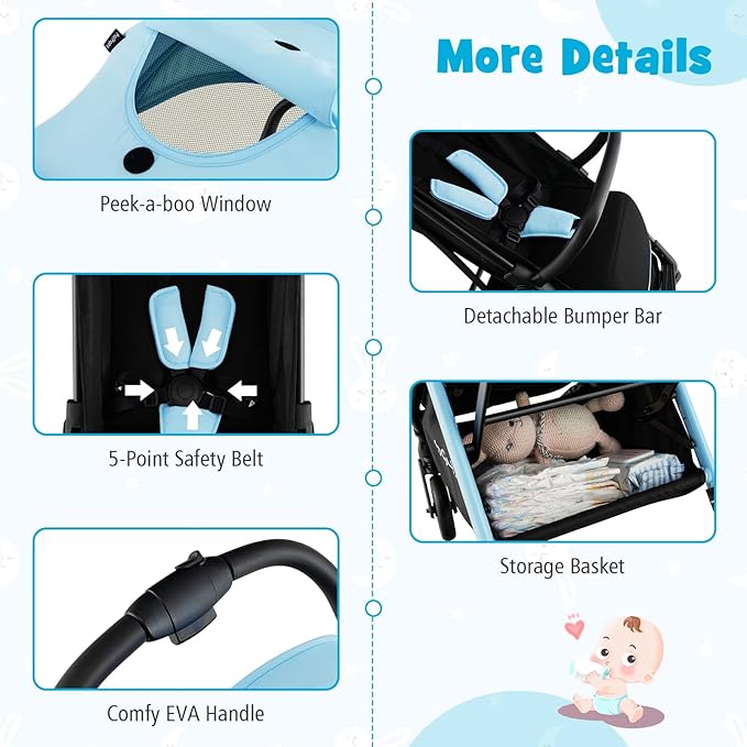 BABY JOY Lightweight Baby Stroller, Compact Travel Stroller for Airplane, Infant Toddler Stroller w/Adjustable Backrest & Canopy, Storage Basket, Self Standing Gravity Fold, Aluminium Frame (Blue)