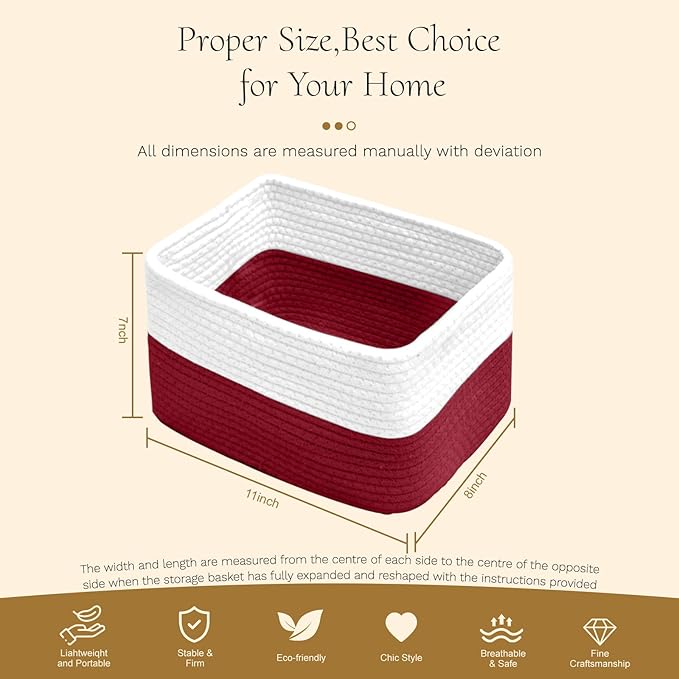 Hopegiver 3 Pack Storage Baskets for Organizing with Handle, Woven Baskets for Shelves - Durable Gift Basket for Cloth Toys Books Baby, Cotton Rope Basket for Dog Cat, 11x8x7 Inch(White&Red)