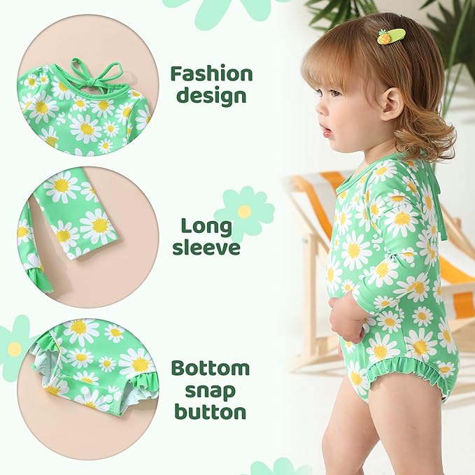YOUNGER TREE Infant Baby Girls Swimsuit Long Sleeve Swimsuits One Piece Swimsuit Solid Color Bathing Suit with Hat, UPF 50+