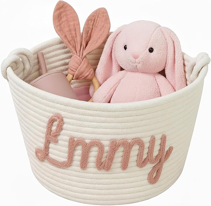 MBBEST Personalized Baby Shower Basket – Custom Rope Cotton Babys Basket with Name – Newborn Keepsake, Nursery Storage, Small Diaper Caddy Organizer, Cute Girl & Boy Baby Gifts