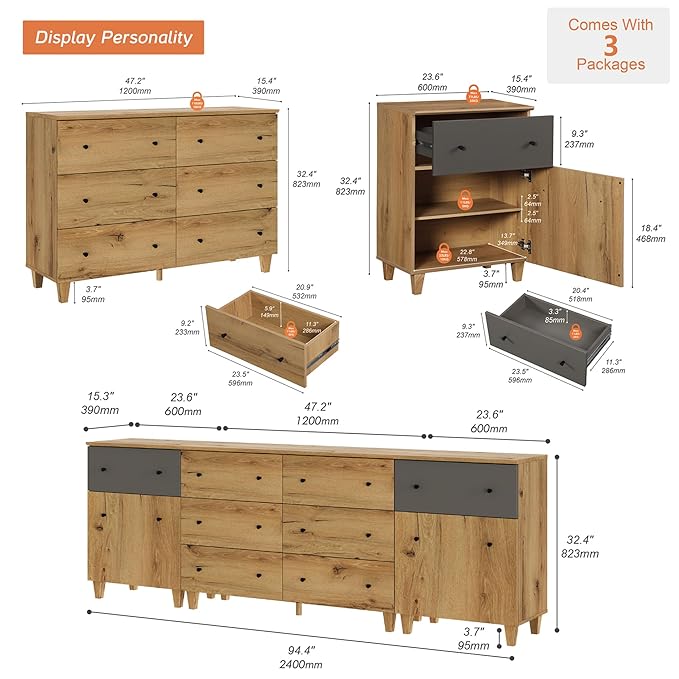 WAMPAT 8 Drawers Dresser Chests for Bedroom, 3-in-1 Modern Oak Brown&Dark Grey Wood Closet Storage Organizer Furniture with Door and Adjustable Shelves for Kids Room, Nursery, 94.4" Wide