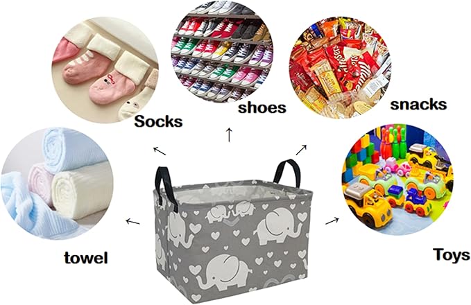 Rectangle Kids Gift Storage Basket Shelf Storage Basket Organizer Box Clothes Laundry Hamper Toys Nursery Basket Baby Laundry Basket with Handles (REC-love elephant)