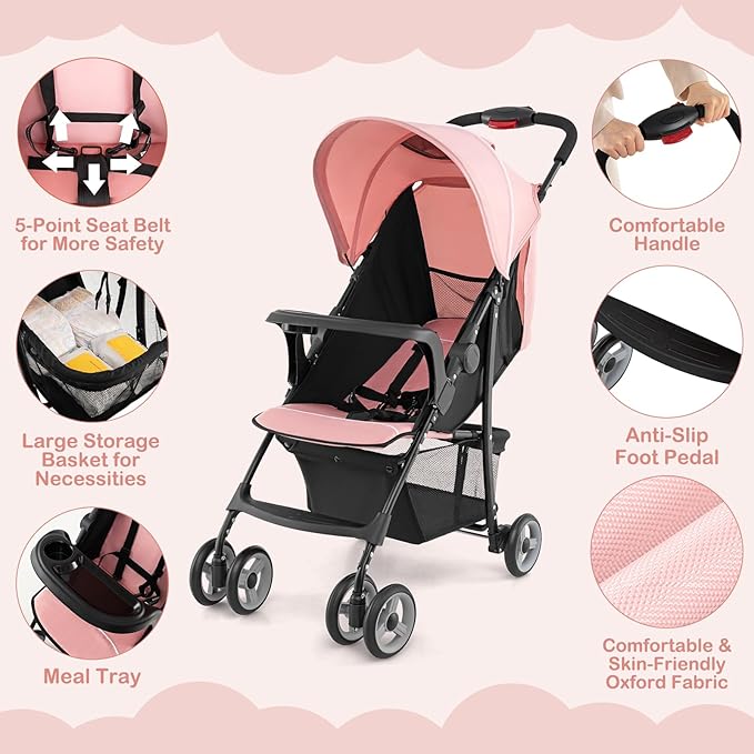 HONEY JOY Lightweight Stroller, Compact Travel Stroller for Airplane, Toddler Fold Pushchair w/Adjustable Canopy & Backrest, Storage Basket, Umbrella Stroller for Infants (Pink)