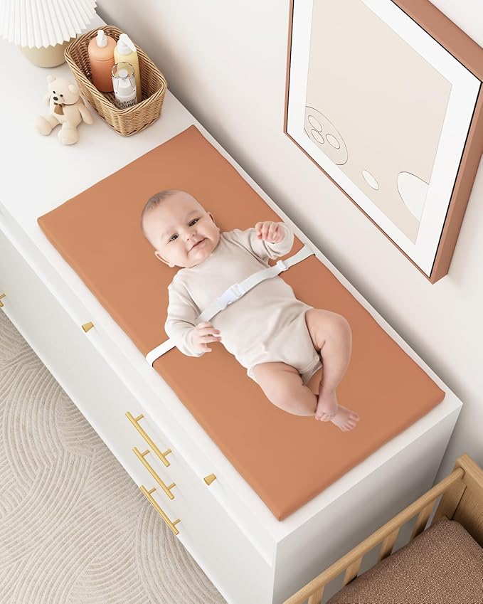 Wipeable Baby Changing Pad for Dresser and Table, Cozy Diaper Changing Pad with Waterproof & Wipe-Clean Leather Cover, Standard Size (31.5" L x 15.8" W), Coffee Color