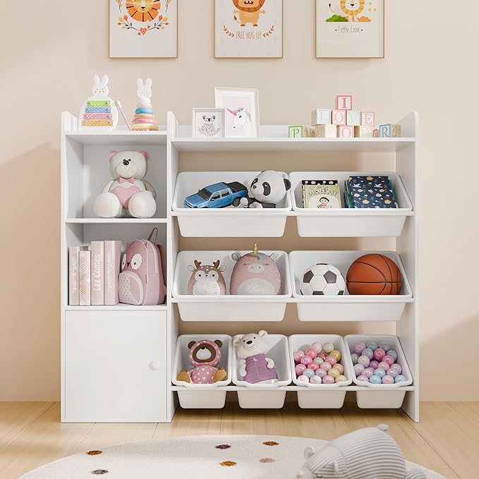 White Toy Storage Organizer, Toy Organizers and Storage Bins, Toy Storage Shelf with 8 Toy Bins, Toy Organizer with Bookshelf, Book Shelf and Toy Storage for Kids Room, Playroom, Bedroom, Nursery