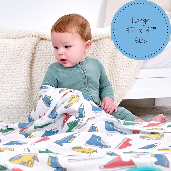 LollyBanks Swaddle Blanket, 100% Cotton Muslin Swaddle Blankets, Neutral Swaddle Blanket 47 x 47 Inches, Baby Blanket for Boys and Girls, Baby Essentials, Registry (Sneakers Print)