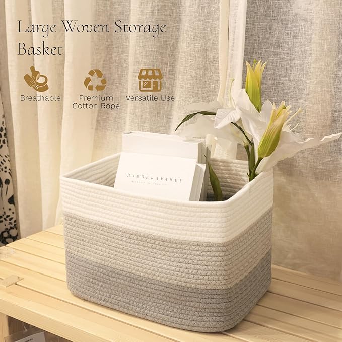 Hopegiver 3 Pack Storage Baskets for Organizing with Handle, Woven Baskets for Shelves - Durable Gift Basket for Cloth Toy Baby, Cotton Rope Basket for Dog Cat, 15x11x10 Inch(White&Light-Gray&Gray)