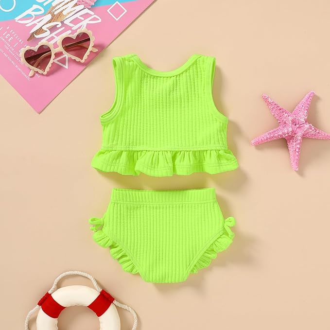 HAPPYMA Baby Swimsuit Toddler Girl Bathing Suit Summer Solid Color Bikini Set Beach Two Piece Swim Wear