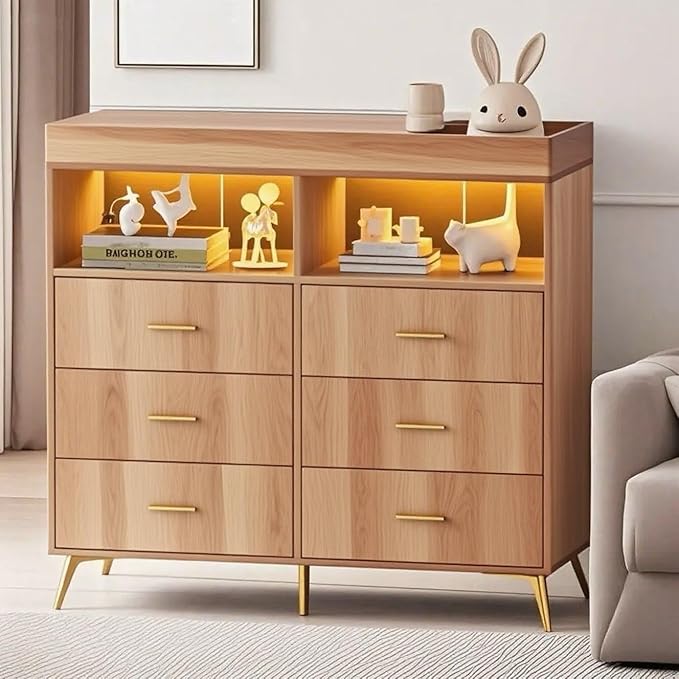Changing Table Dresser with Drawers, Baby Dresser with Changing Table Top, Power Outlet, LED Light & Metal Feet, Diaper Changing Station Nursery Organizer for Infants Newborn (Natural)