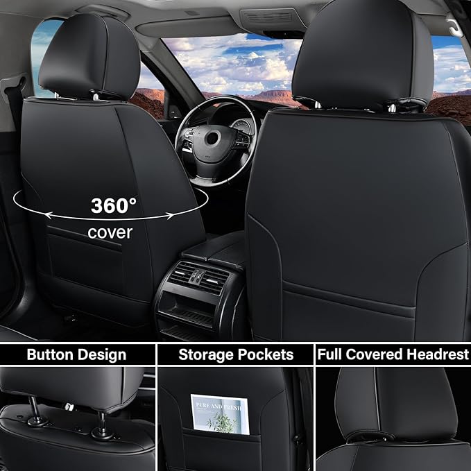 Coverado Car Seat Covers Full Set, Seat Covers for Cars, Black Car Seat Cover, Nappa Leather Car Seat Cushion, Car Seat Protector, Waterproof Car Seat Covers Front Seats and Back Fit for Most Cars