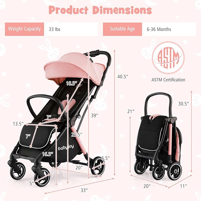 BABY JOY Lightweight Baby Stroller, Compact Travel Stroller for Airplane, Infant Toddler Stroller w/Adjustable Backrest & Canopy, Storage Basket, Self Standing Gravity Fold, Aluminium Frame (Pink)