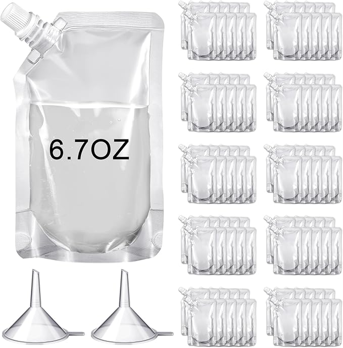 Meanplan 100 Pcs Plastic Pouches Bulk Reusable Squeeze Pouches Clear Plastic Juice Leak Proof Bags with Funnel for Party Favors Supplies(6.7 oz,Inclined Mouth)