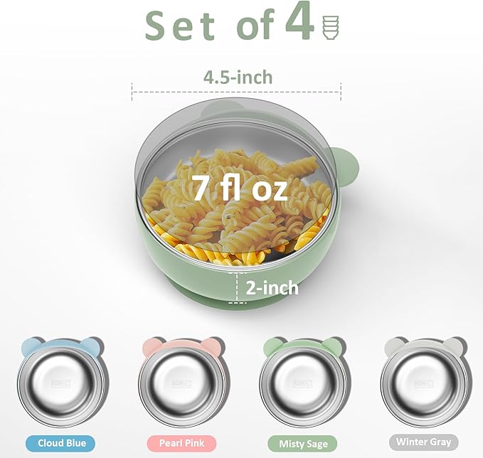 Stainless Steel Baby Bowls with Suction, 2-in-1 SUS304 Toddlers Bowl & Removable Silicone Suction Kids Bowl, Non Toxic Snack Container for Baby Food Feeding, Soft Blue/Sage/Pink/Gray Set of 4