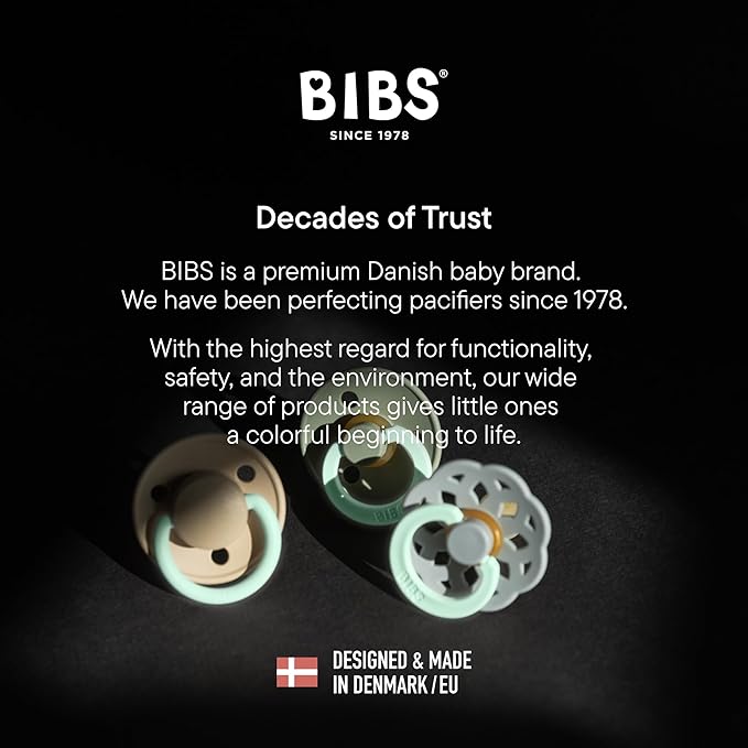 BIBS Pacifiers Colour Collection | Natural Rubber Baby Pacifier | Set of 2 BPA-Free Soothers | Made in Denmark | 18+ Months (Pack of 2) | Sage Night/Cloud Night