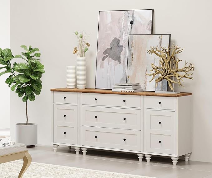 WAMPAT Dresser for Bedroom with 5 Drawers and 2 Storage Cabinet, Nightstands with Charging Station for Living Room, Mid Century Modern Kids Dressers with Wide Chest of Drawers for Nursery, White/Oak