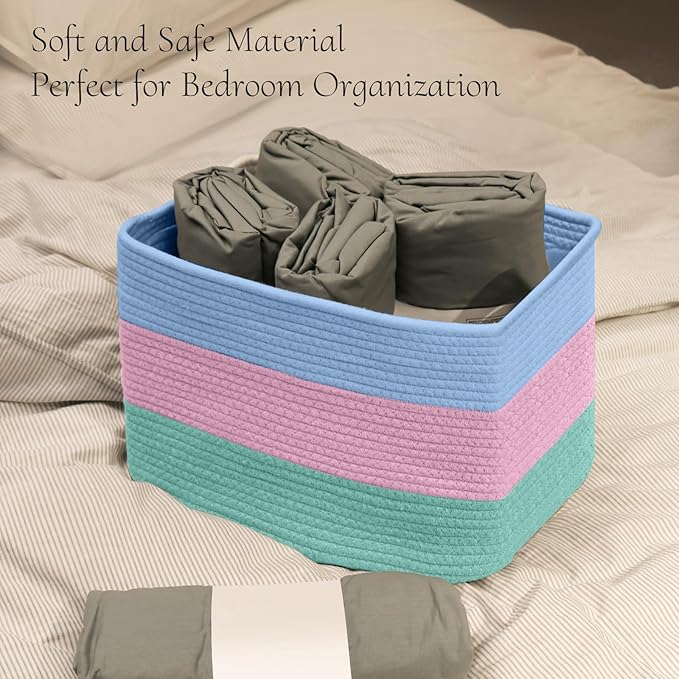 Hopegiver Storage Baskets for Organizing with Handle, Woven Baskets for Shelves - Durable Gift Basket for Cloth Toys Books Baby, Cotton Rope Basket for Dog Cat, 15x11x10 Inch(Blue&Pink&Green)