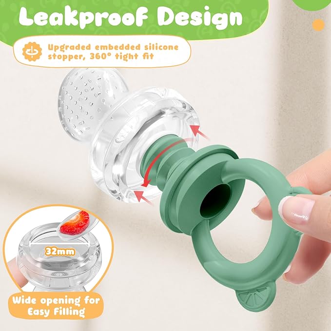 Bear Baby Fruit Food Feeder & Mini Freezer Nibble Tray Combo, 2 Pack Breastmilk Popsicle Molds for Baby Teething Relief, BPA Free Silicone Feeder for Safe Infant Self Feeding, Dishwasher Safe, Green