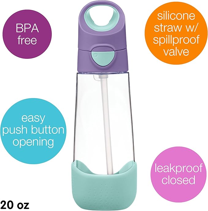 b.box Kids Water Bottle – 20oz Tritan Toddler Drink Bottle with Straw for School, Daycare, Travel w/Easy-Grip Triangular Design, Leak Proof Lid & Handle, BPA Free, Dishwasher Safe (Lilac Pop)
